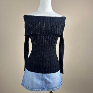 Cyrus Whimsigoth Dark Coquette Beaded Off the Shoulder Sweater